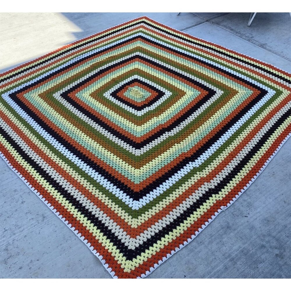 Vintage Afghan Large Granny Square Fall Colors Blanket Throw Farmhouse